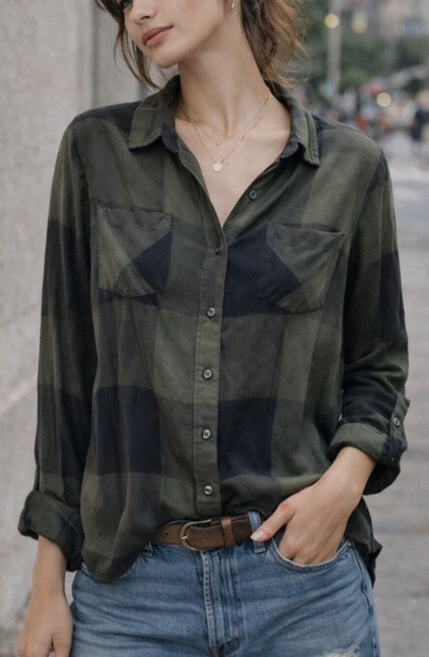 Lucky Brand Plaid Button Up Blouse Small Green Black Soft Modal Shirt